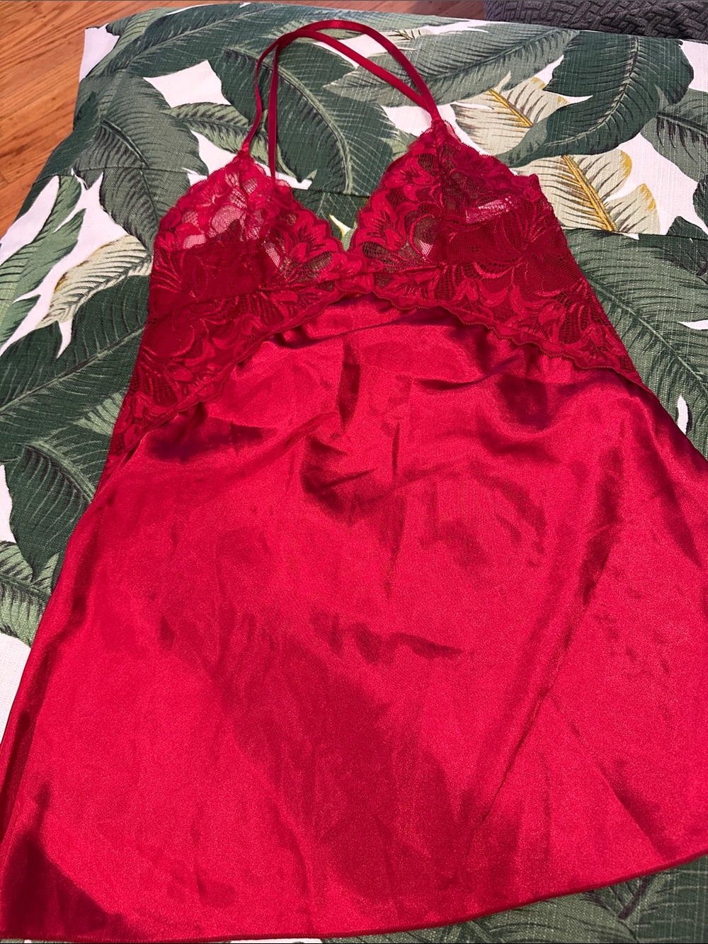 Lace-Trim Satin Chemise Nightdress in Red